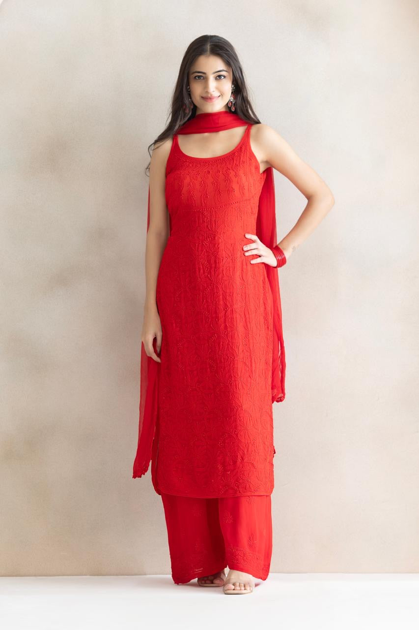 Crimson Bloom Chikankari Anarkali Set with Dupatta