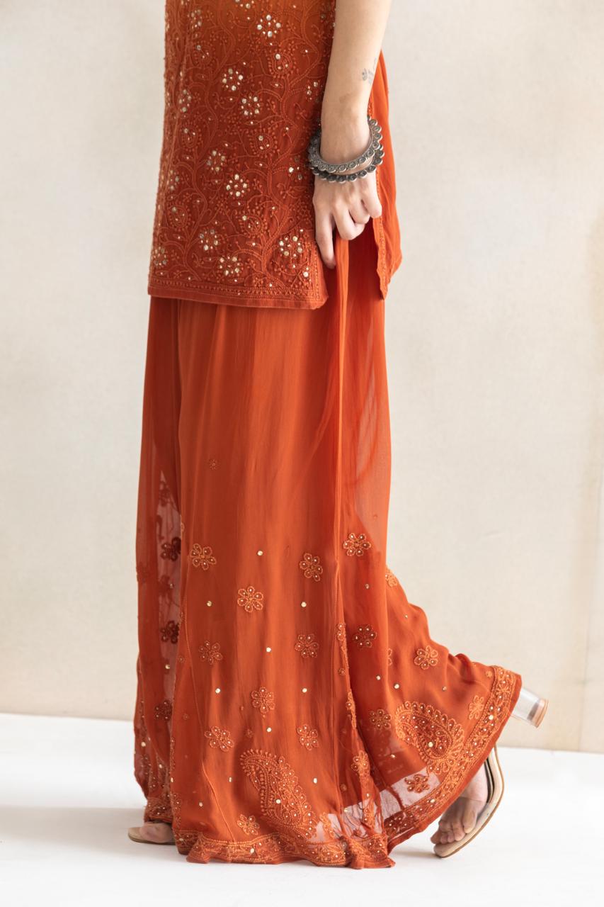 Sunset Ember Chikankari Sequin Kurta & Sharara Set