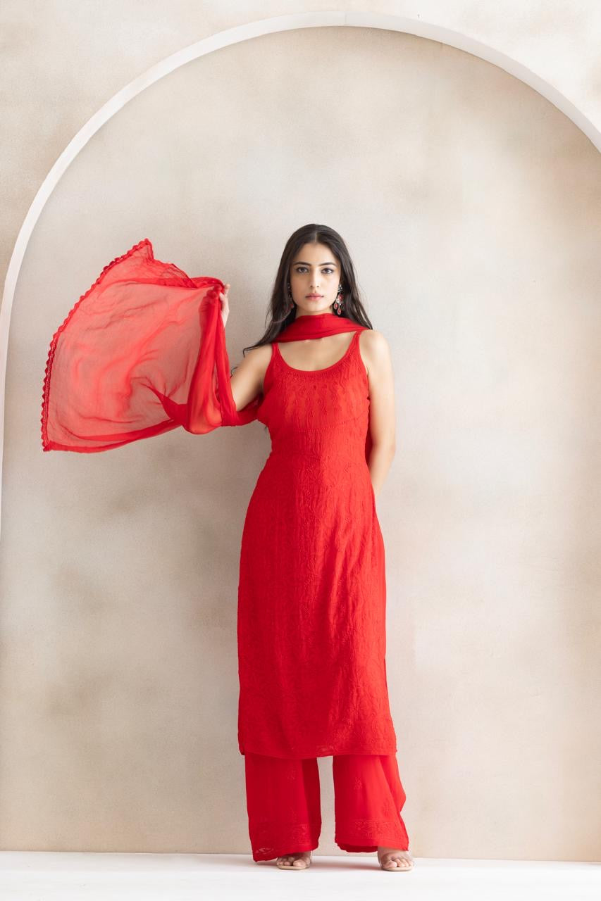 Crimson Bloom Chikankari Anarkali Set with Dupatta