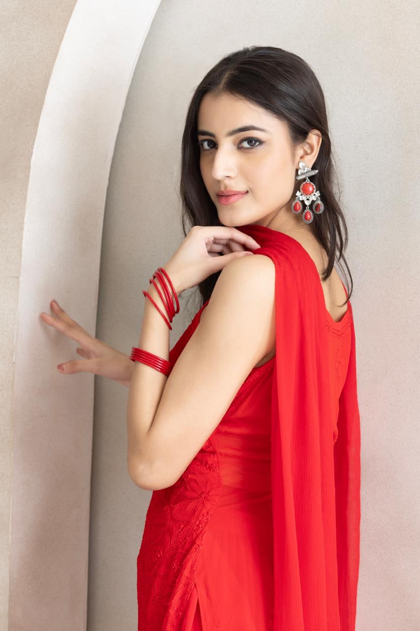 Crimson Bloom Chikankari Anarkali Set with Dupatta