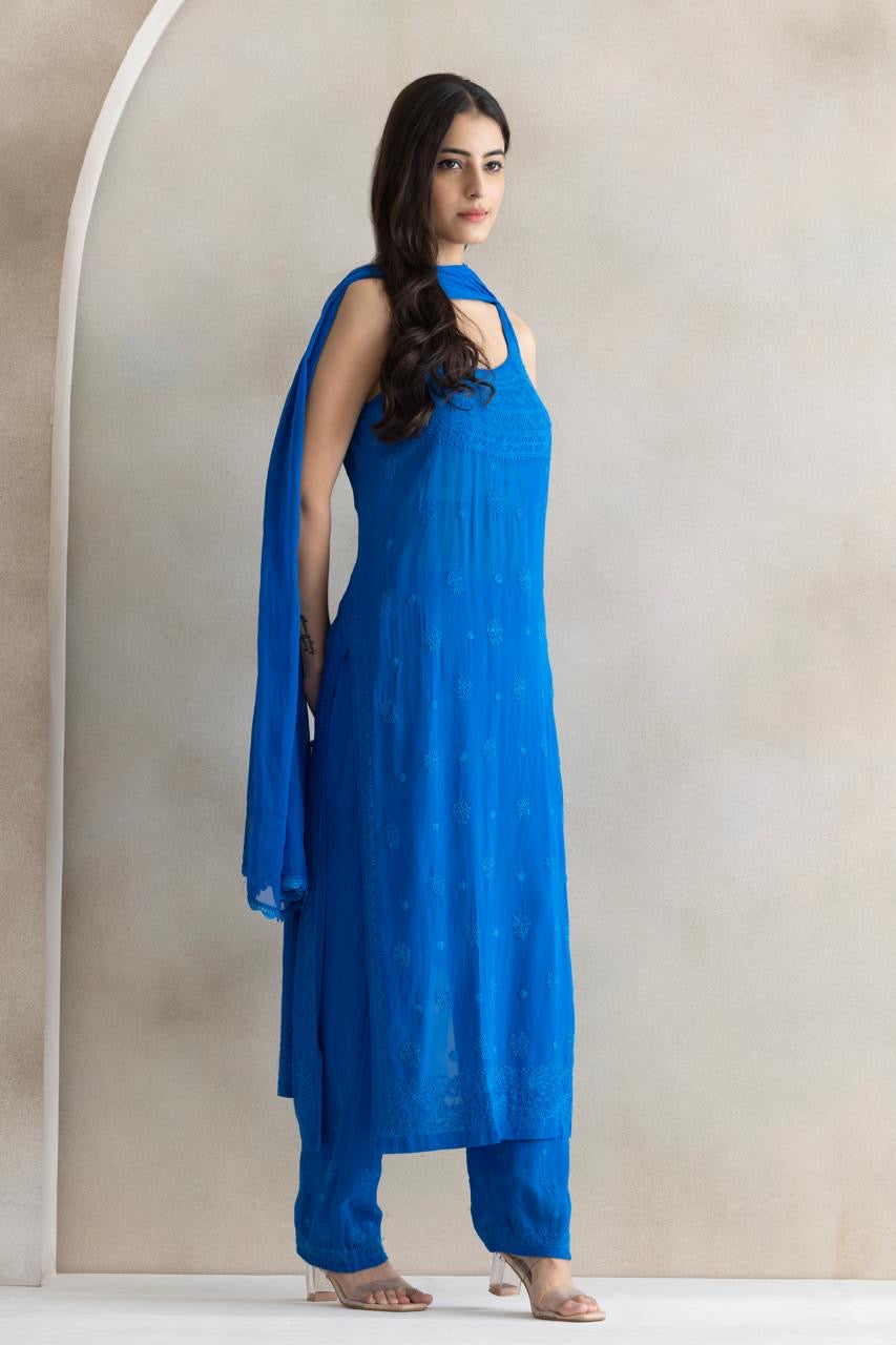 Azure Grace Chikankari Straight Kurta Set with Dupatta