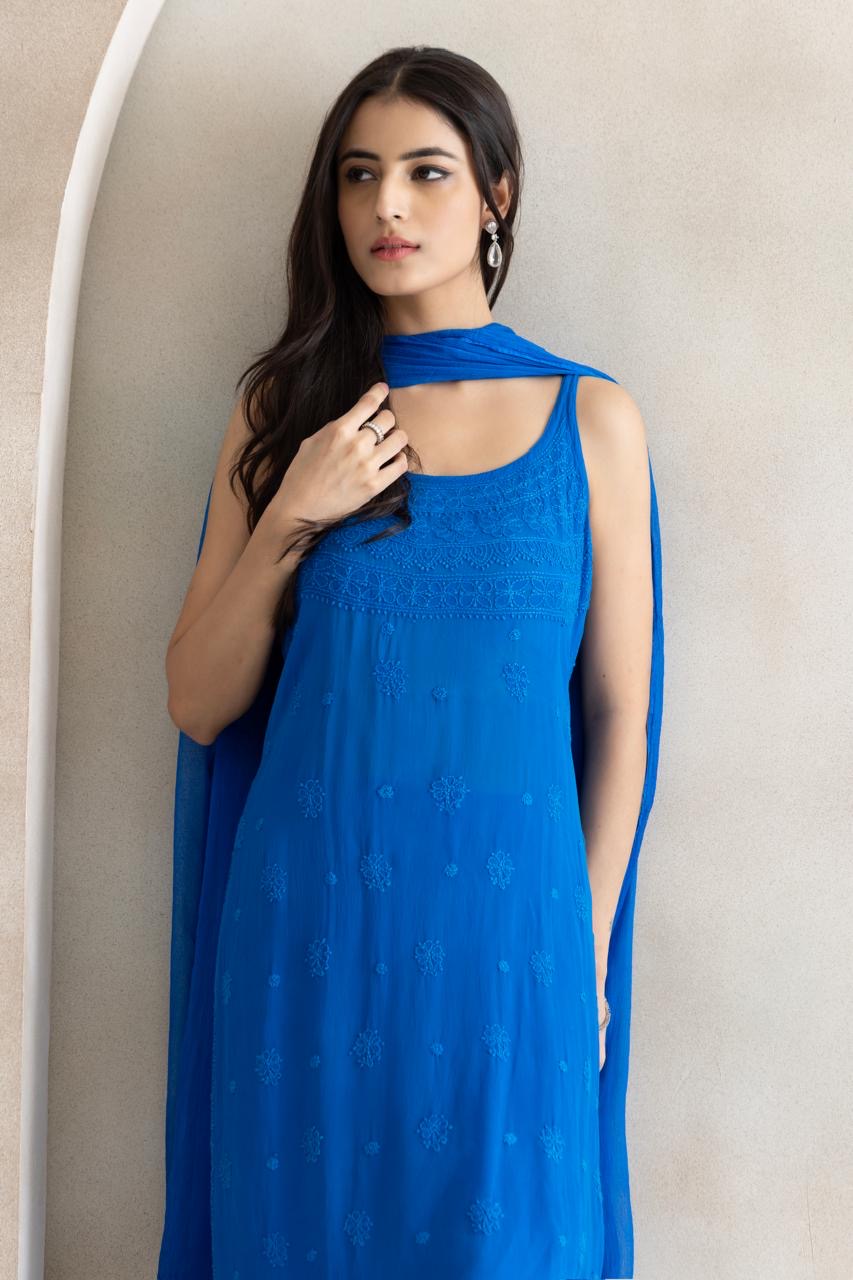 Azure Grace Chikankari Straight Kurta Set with Dupatta