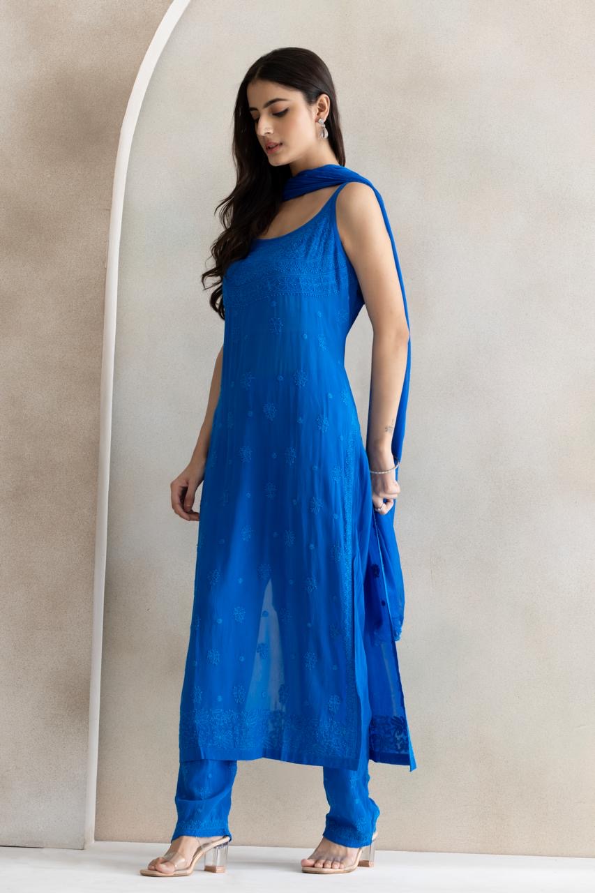 Azure Grace Chikankari Straight Kurta Set with Dupatta
