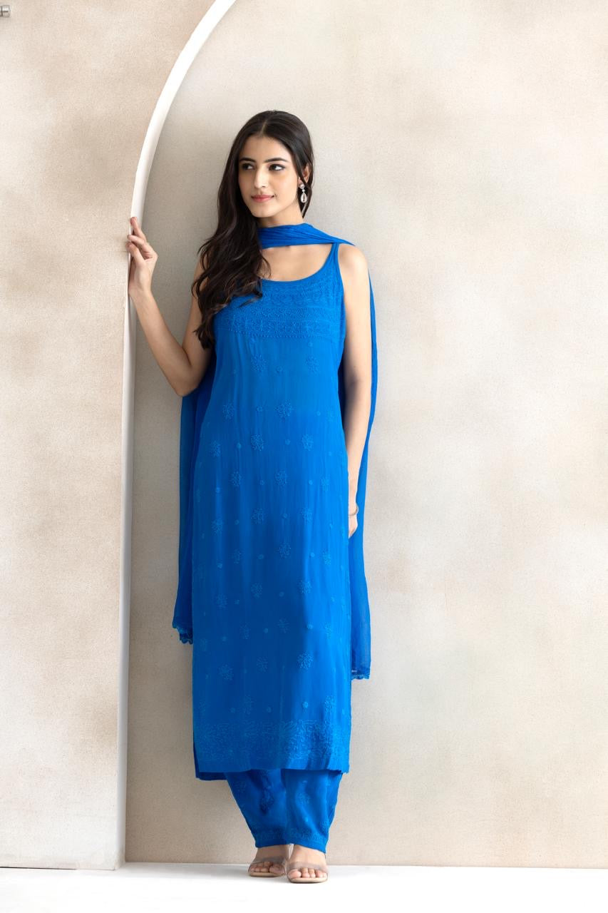 Azure Grace Chikankari Straight Kurta Set with Dupatta
