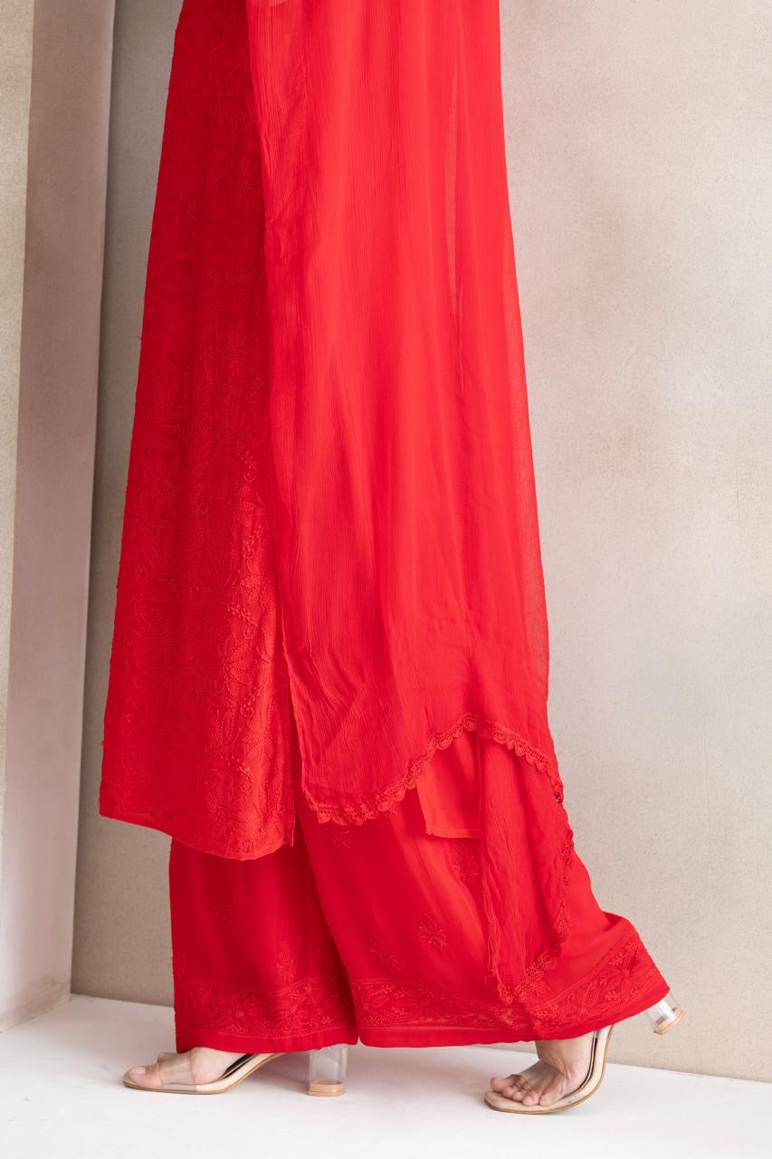 Crimson Bloom Chikankari Anarkali Set with Dupatta