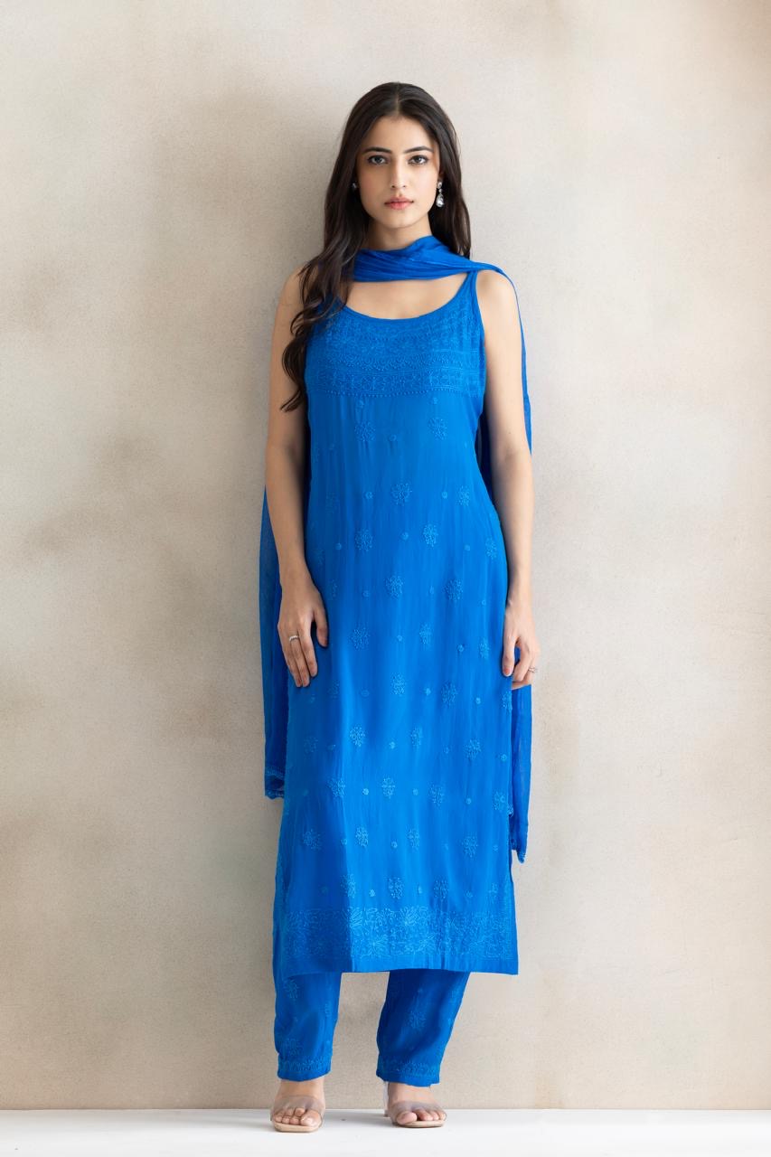 Azure Grace Chikankari Straight Kurta Set with Dupatta
