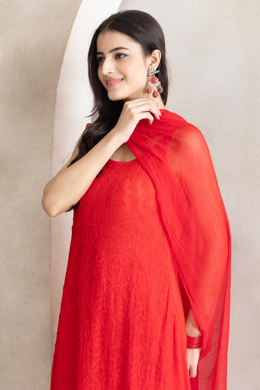 Crimson Bloom Chikankari Anarkali Set with Dupatta