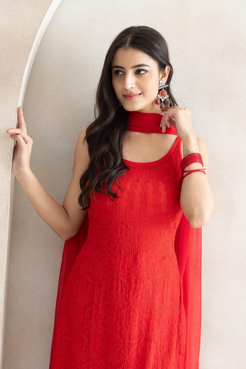 Crimson Bloom Chikankari Anarkali Set with Dupatta