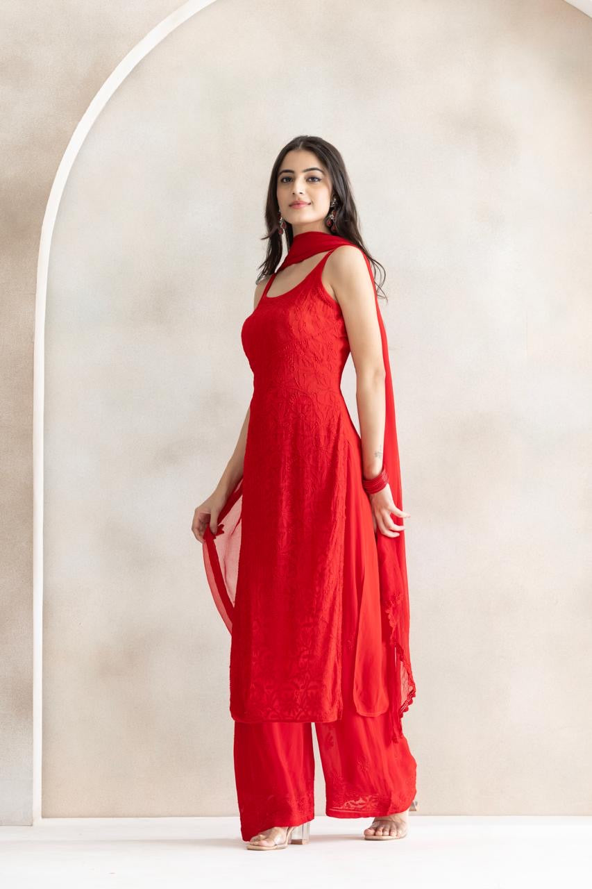 Crimson Bloom Chikankari Anarkali Set with Dupatta