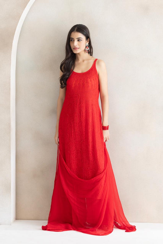 Crimson Bloom Chikankari Anarkali Set with Dupatta