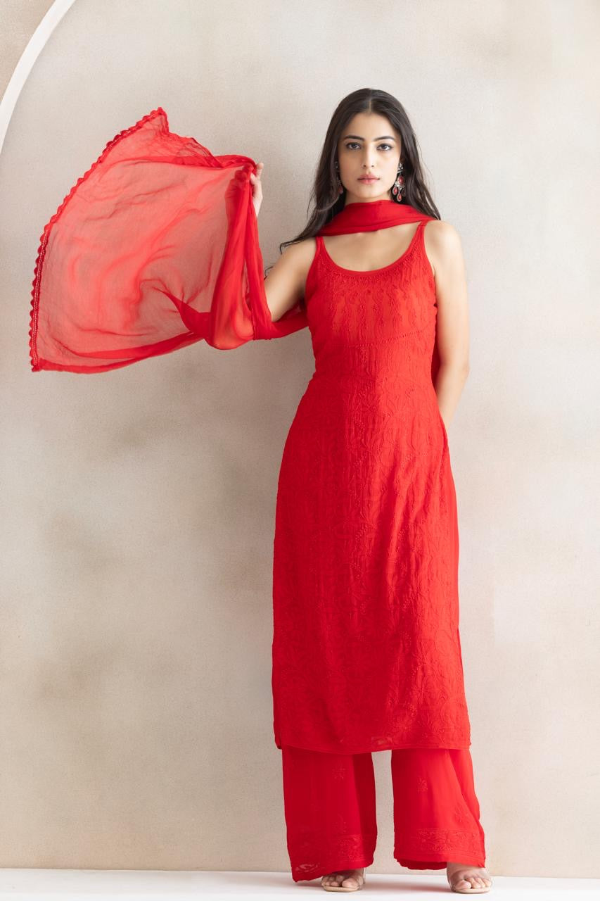 Crimson Bloom Chikankari Anarkali Set with Dupatta