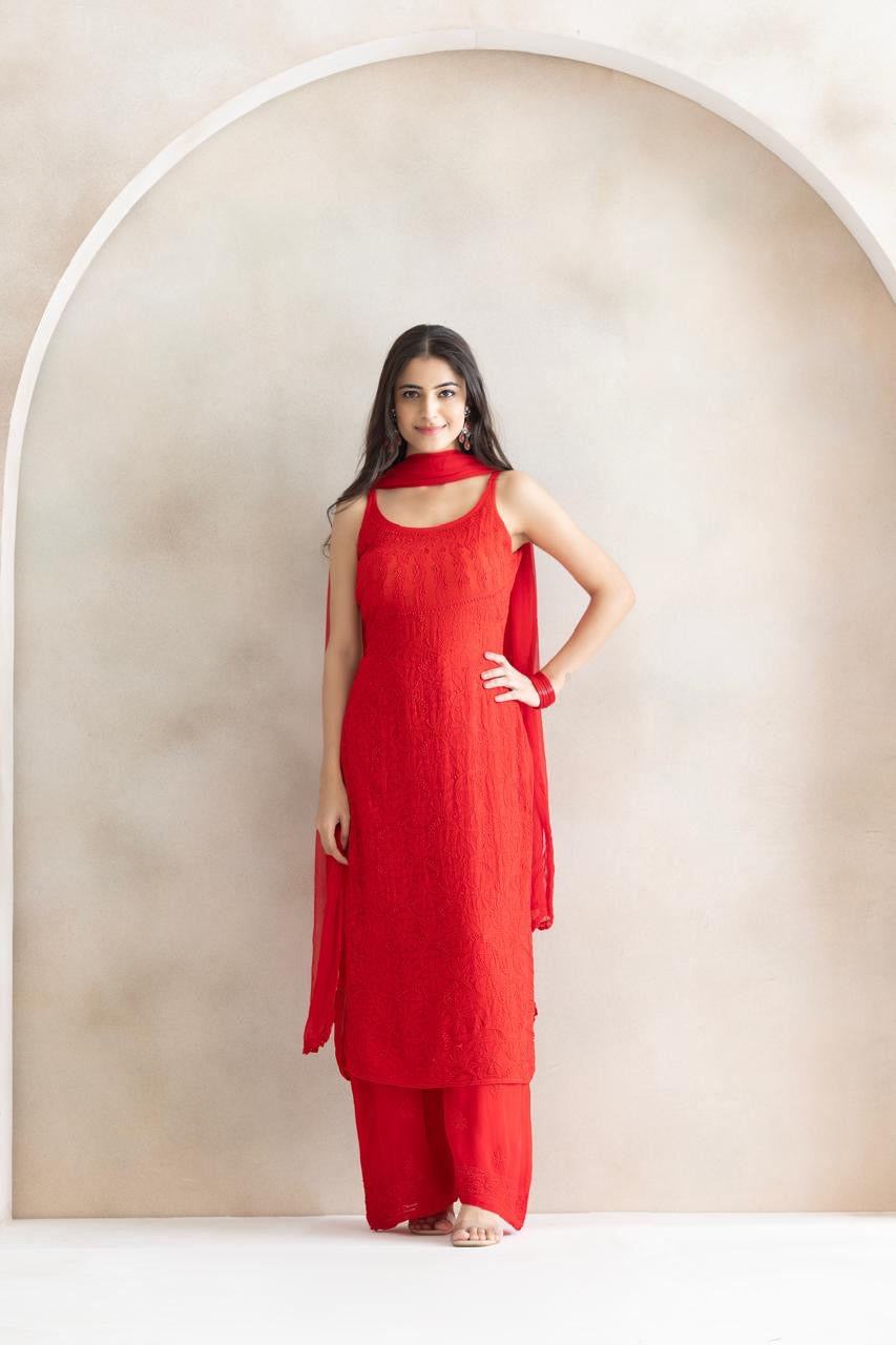 Crimson Bloom Chikankari Anarkali Set with Dupatta