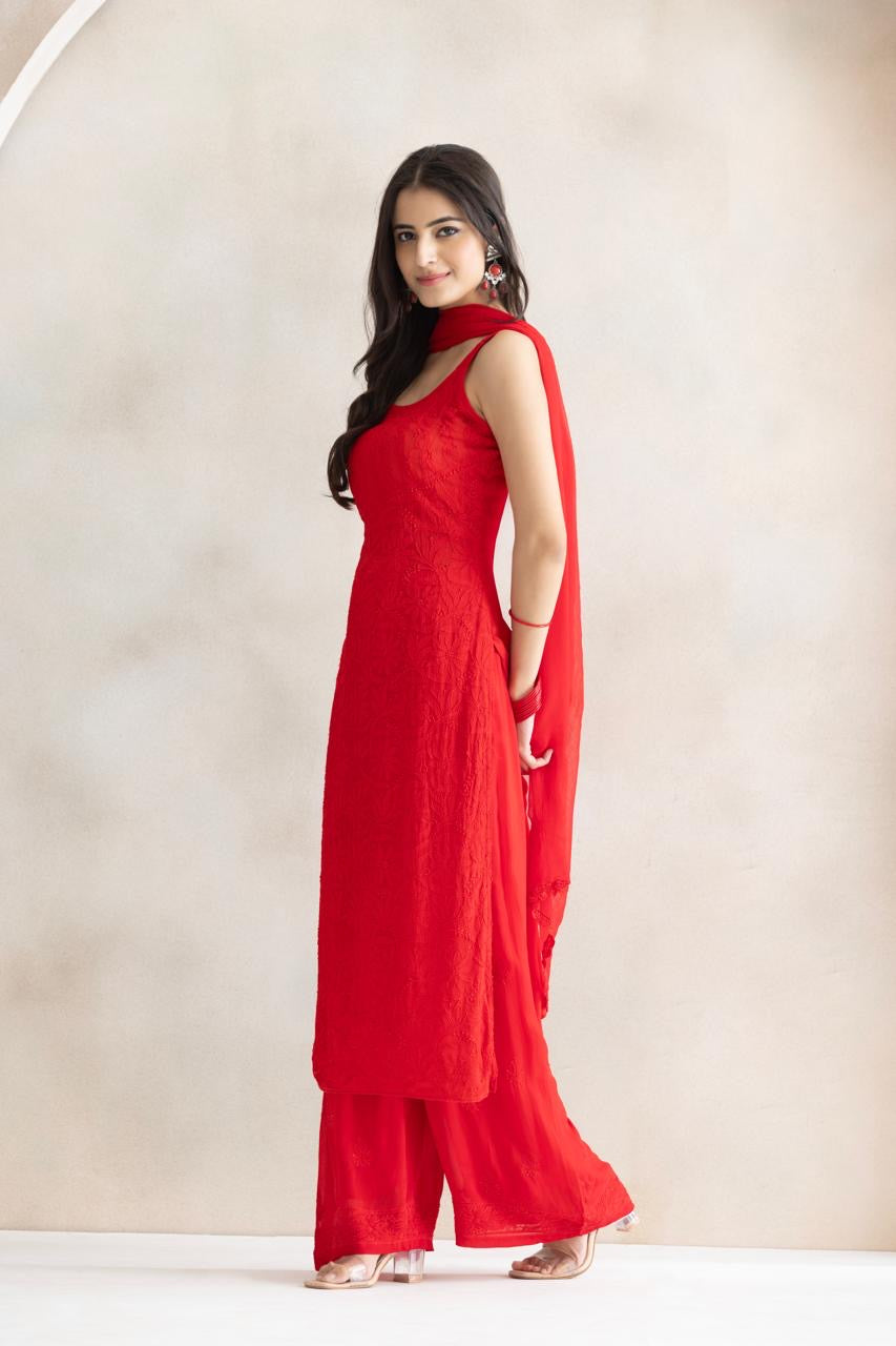 Crimson Bloom Chikankari Anarkali Set with Dupatta