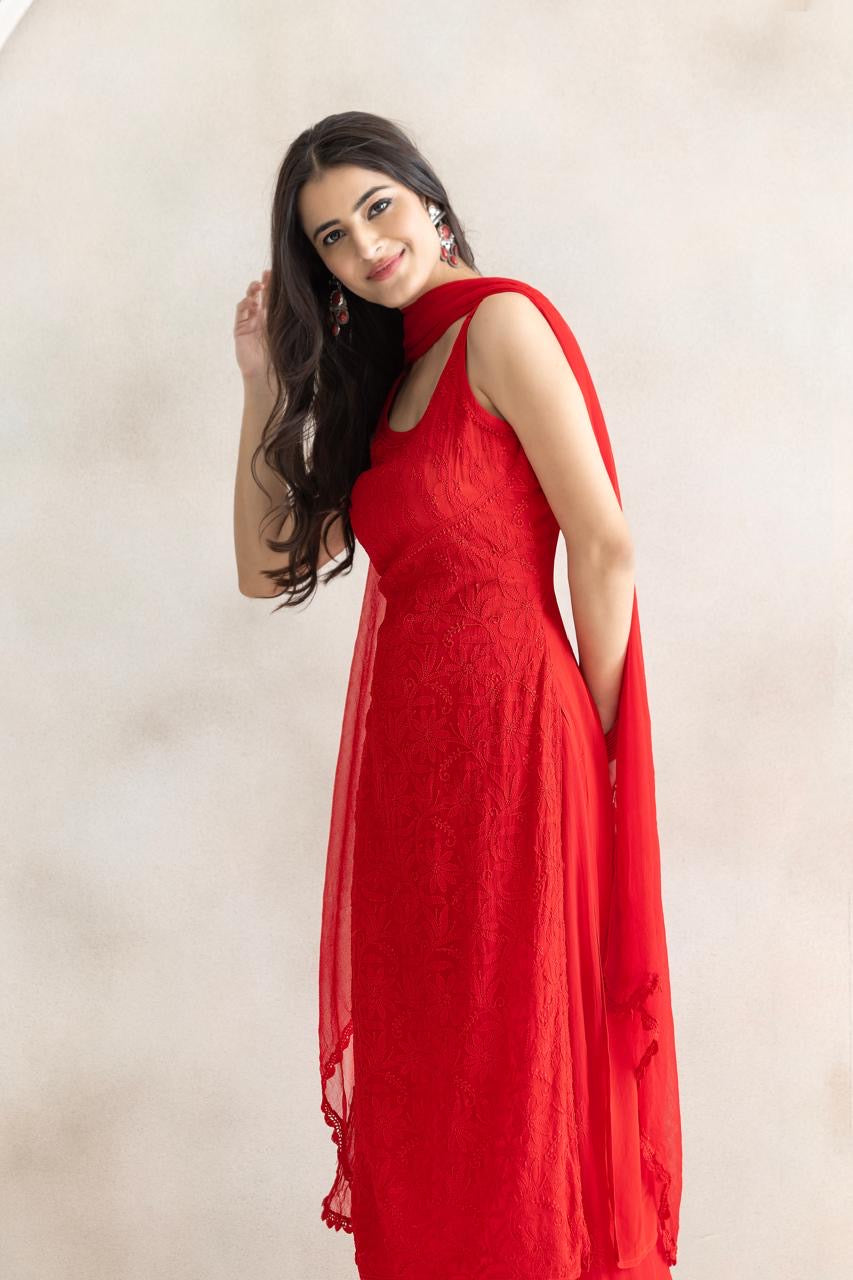Crimson Bloom Chikankari Anarkali Set with Dupatta
