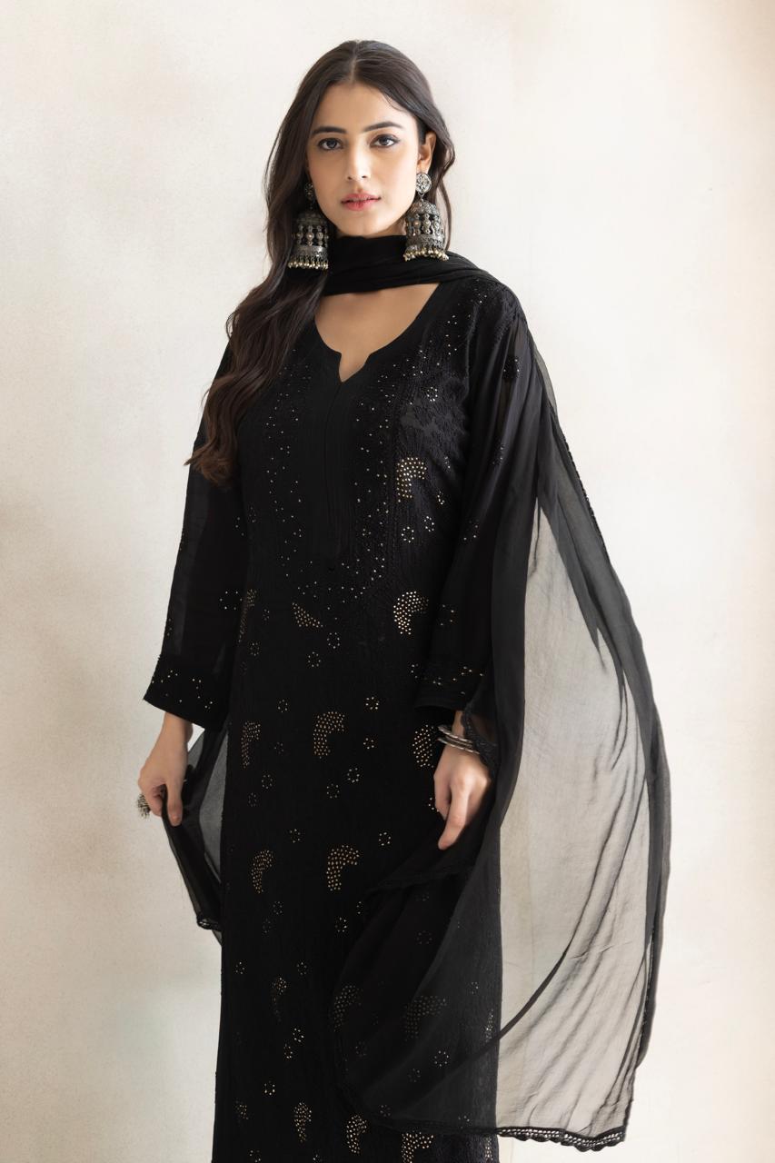 Black Moon Chikankari Kurta Set with Dupatta