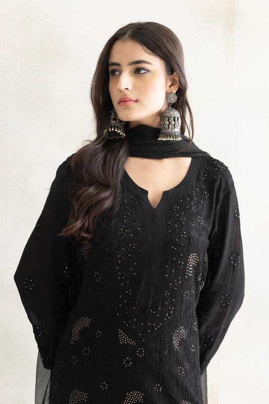 Black Moon Chikankari Kurta Set with Dupatta