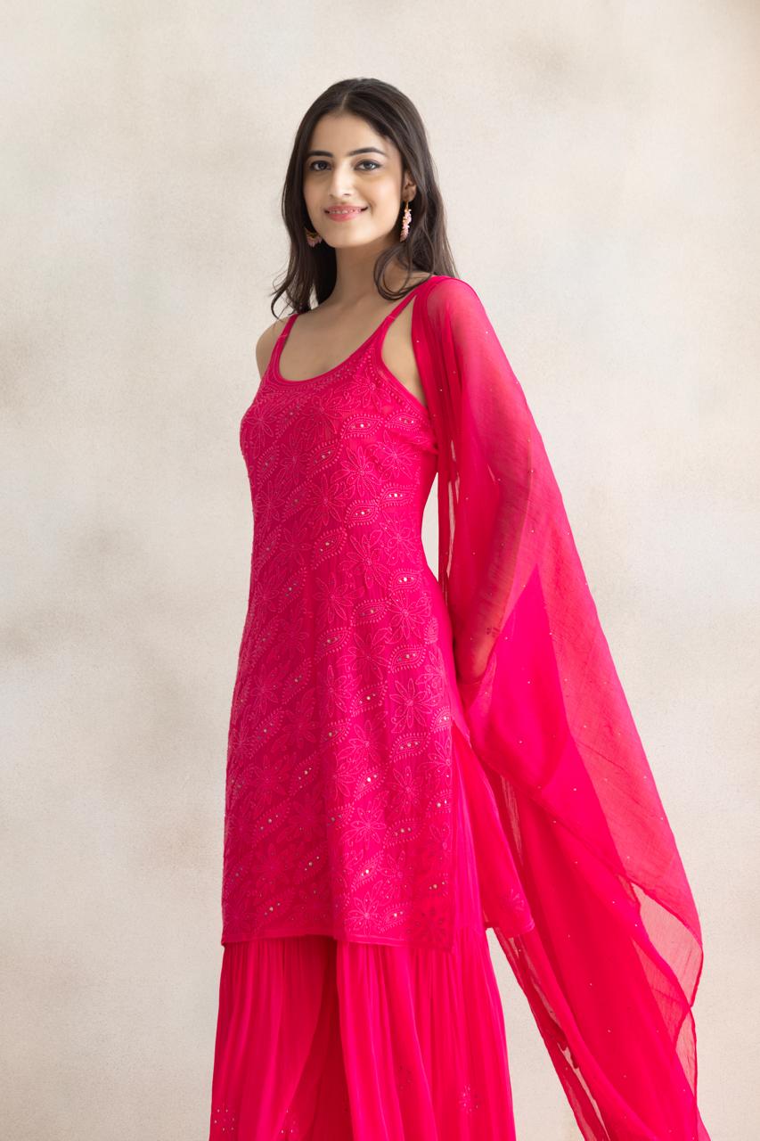 Rani Rosé Chikankari Sharara Set with Dupatta