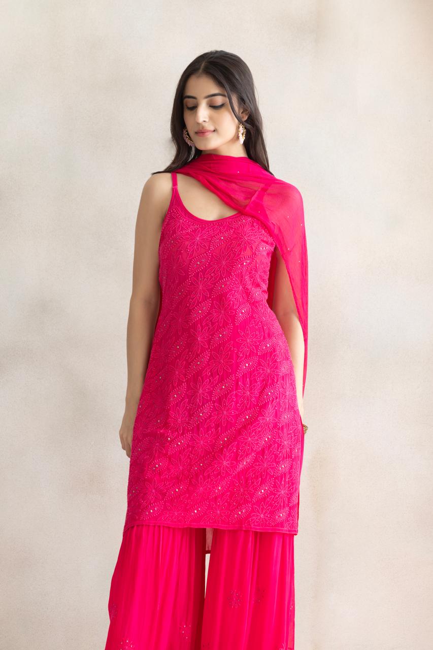 Rani Rosé Chikankari Sharara Set with Dupatta