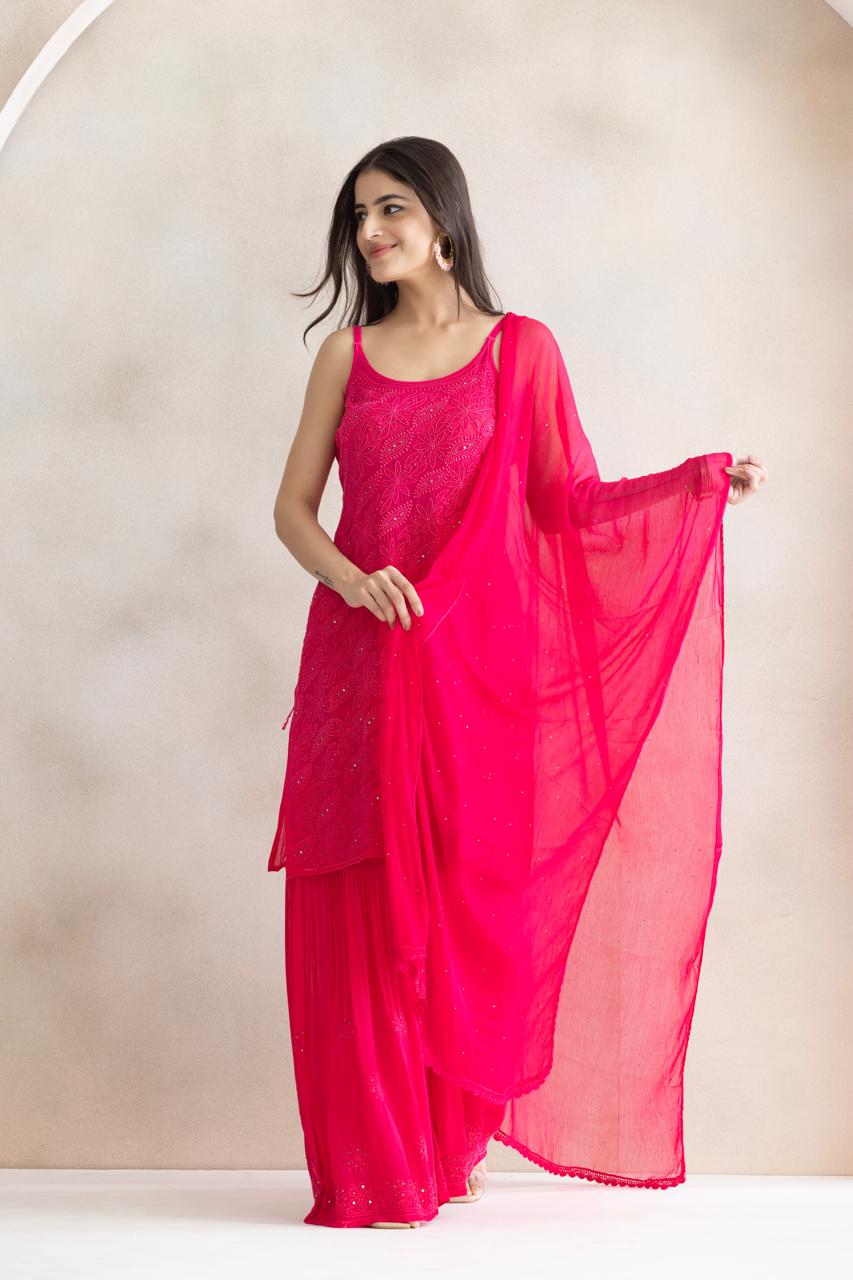 Rani Rosé Chikankari Sharara Set with Dupatta