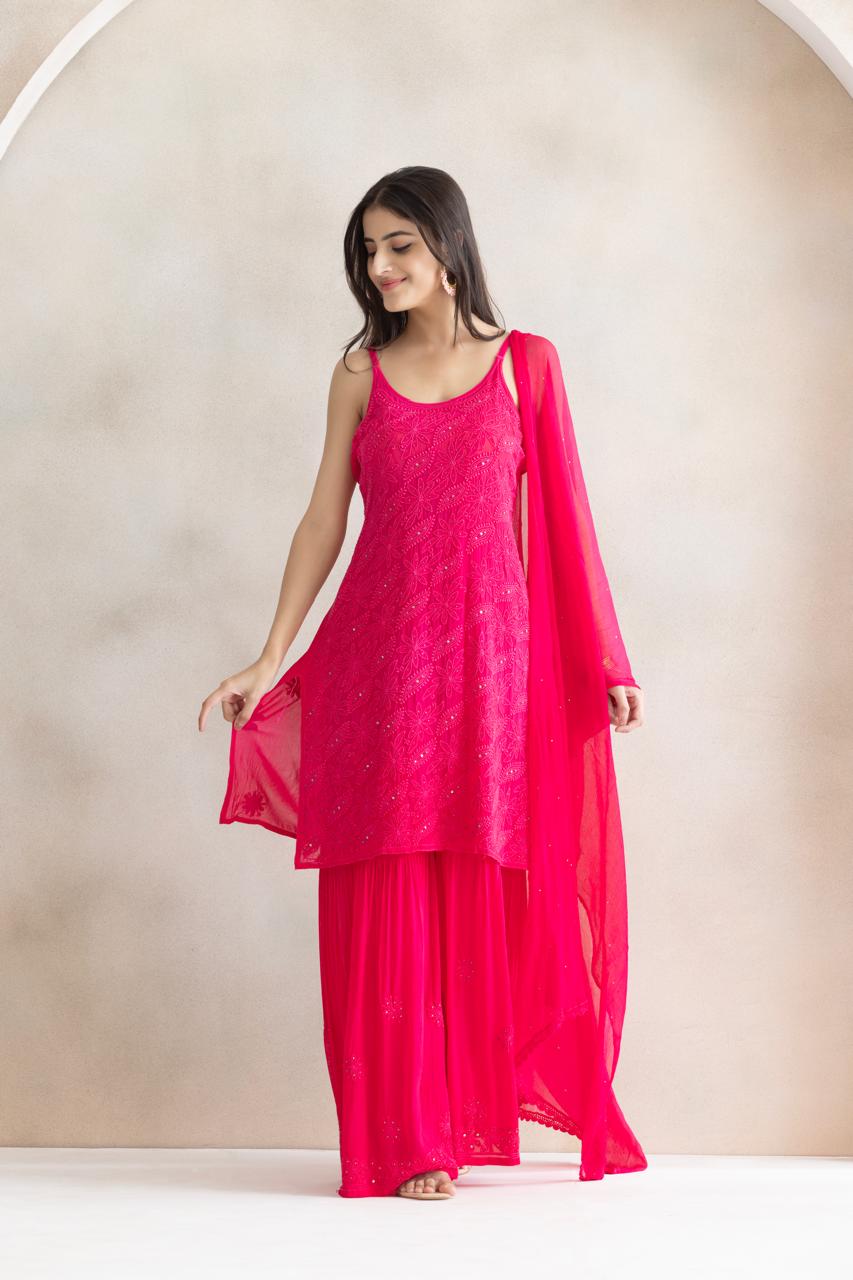Rani Rosé Chikankari Sharara Set with Dupatta