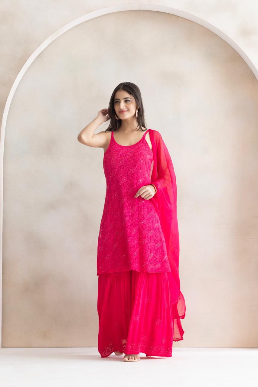 Rani Rosé Chikankari Sharara Set with Dupatta
