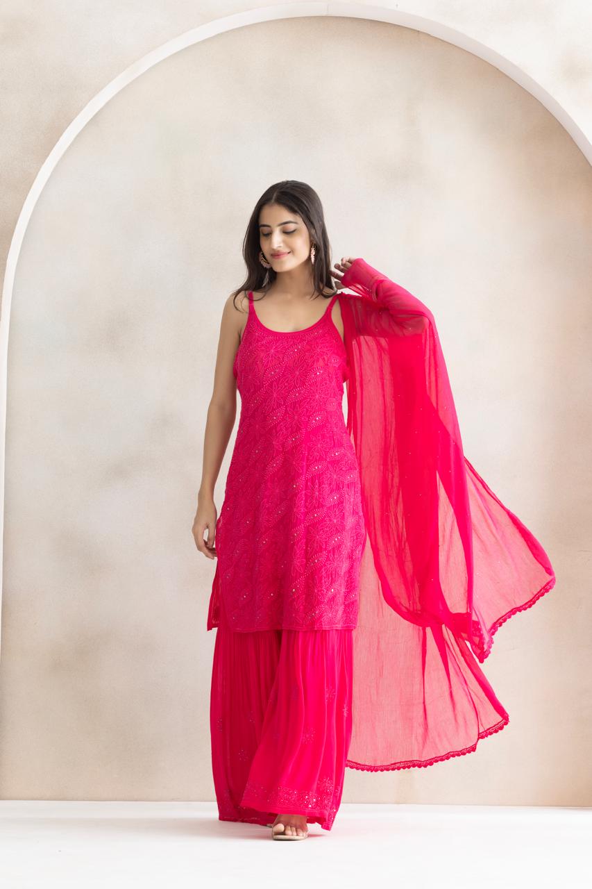 Rani Rosé Chikankari Sharara Set with Dupatta