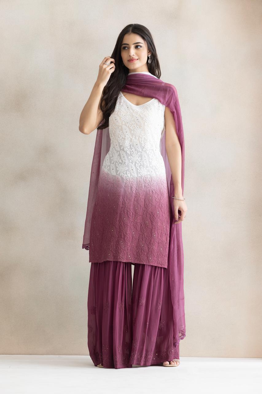 Rose Mist Ombre Chikankari Sharara Set with Dupatta