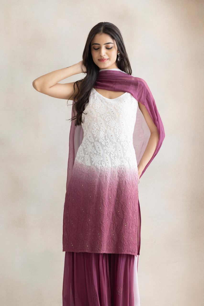 Rose Mist Ombre Chikankari Sharara Set with Dupatta