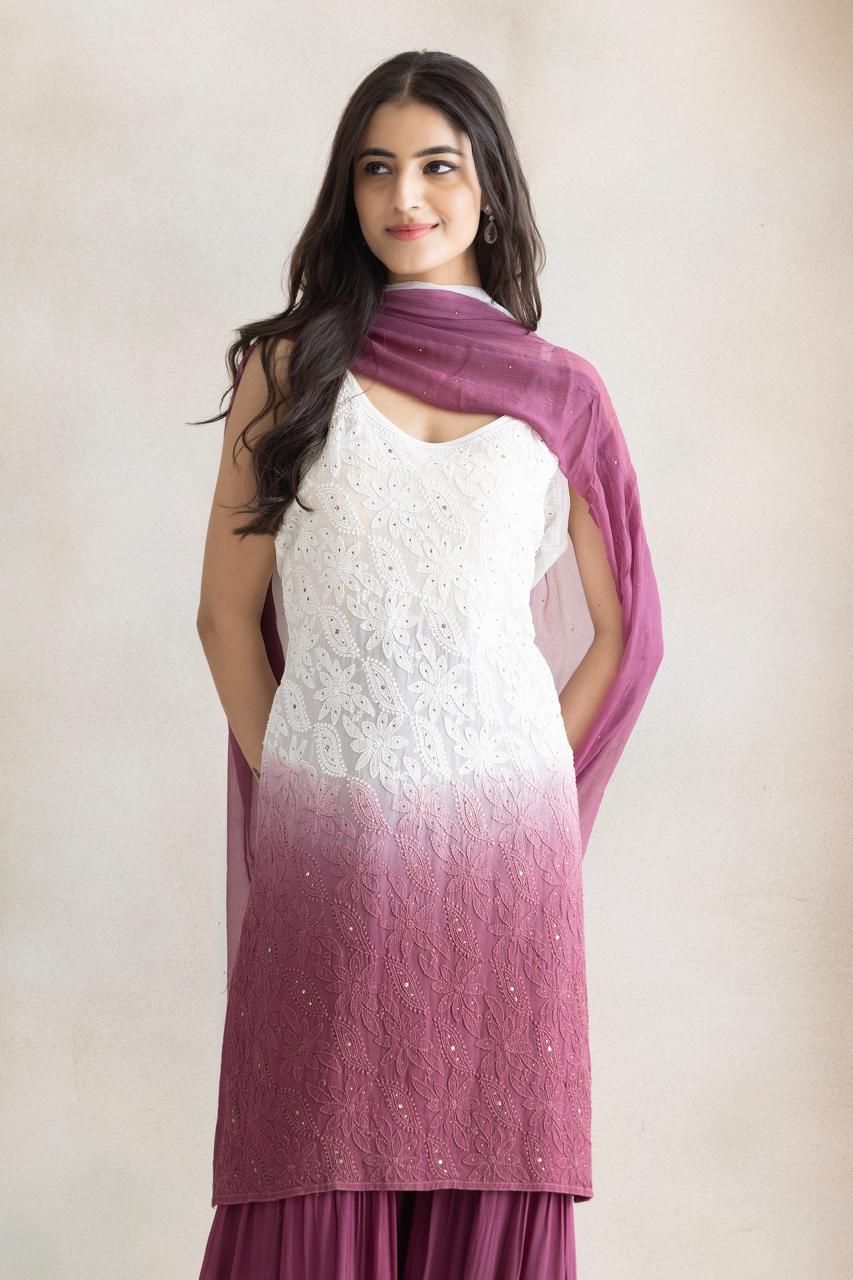 Rose Mist Ombre Chikankari Sharara Set with Dupatta