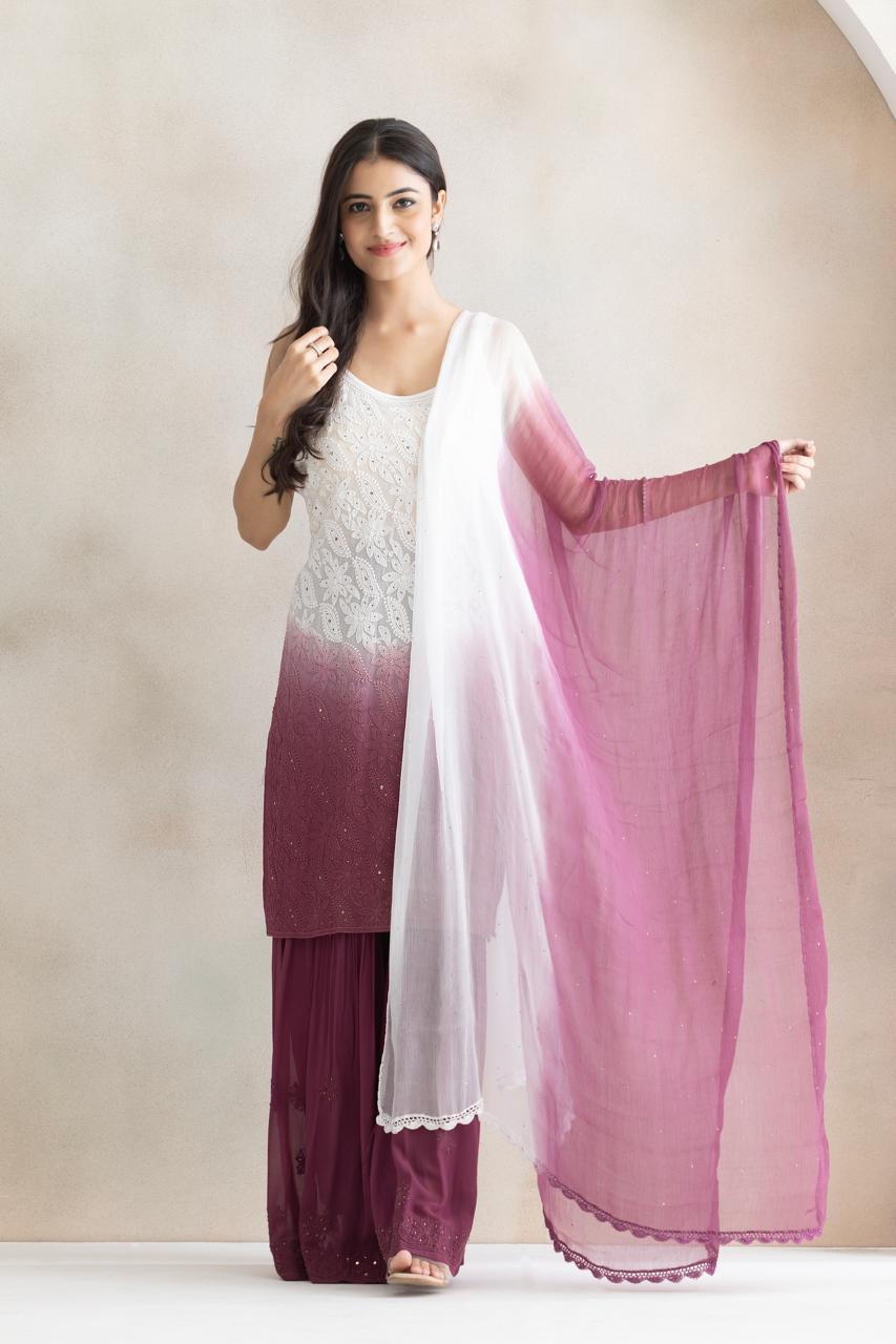 Rose Mist Ombre Chikankari Sharara Set with Dupatta