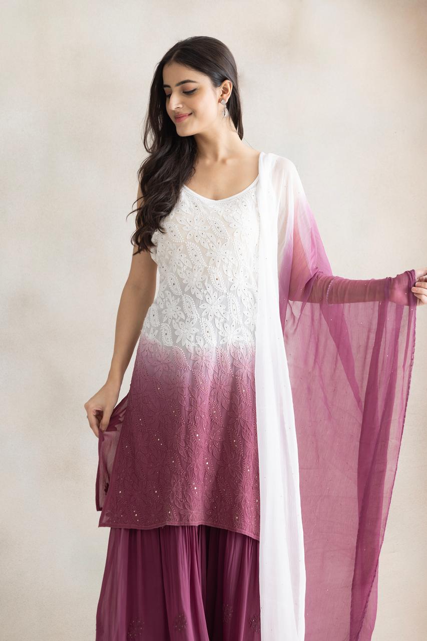Rose Mist Ombre Chikankari Sharara Set with Dupatta