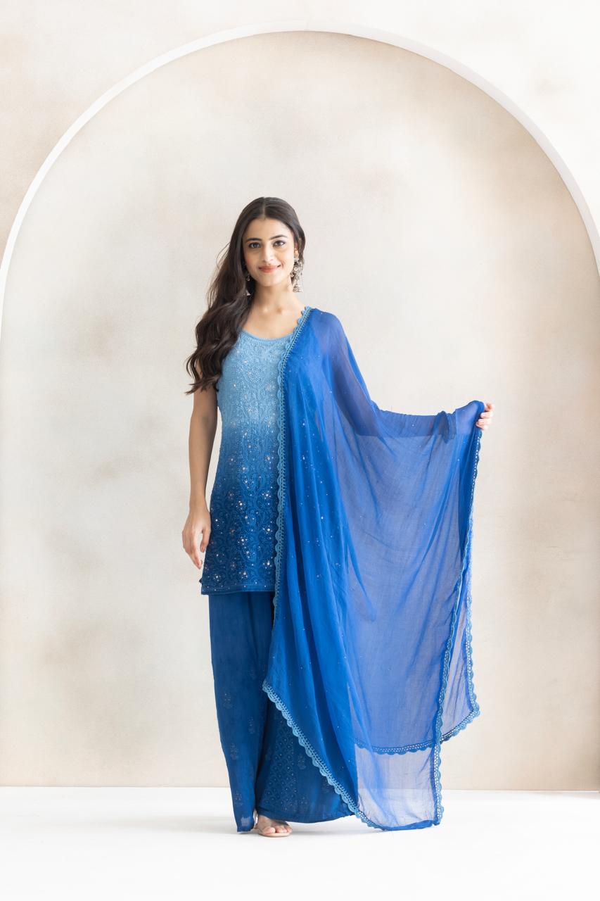 Royal Azure Ombre Chikankari Kurta Palazzo Set with Dupatta