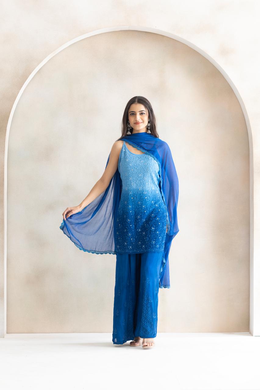 Royal Azure Ombre Chikankari Kurta Palazzo Set with Dupatta