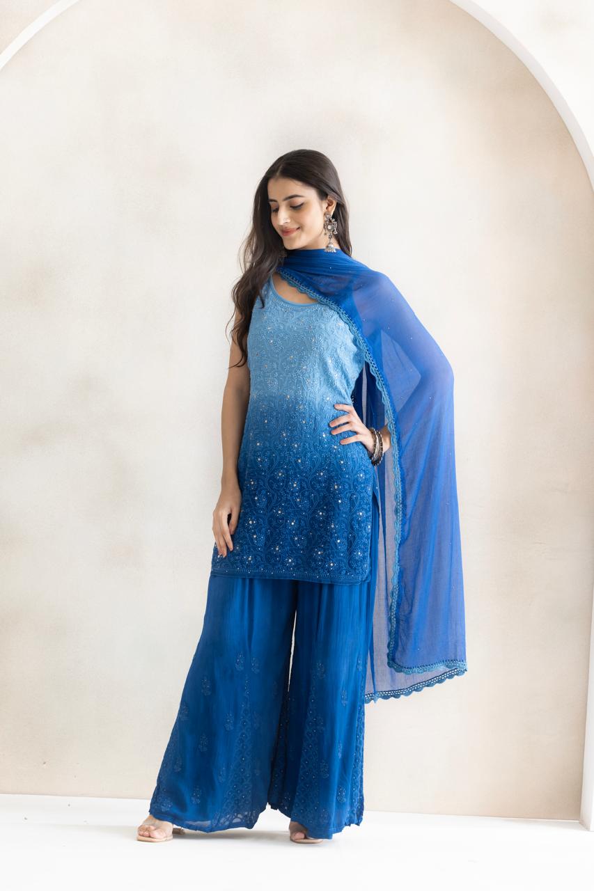 Royal Azure Ombre Chikankari Kurta Palazzo Set with Dupatta