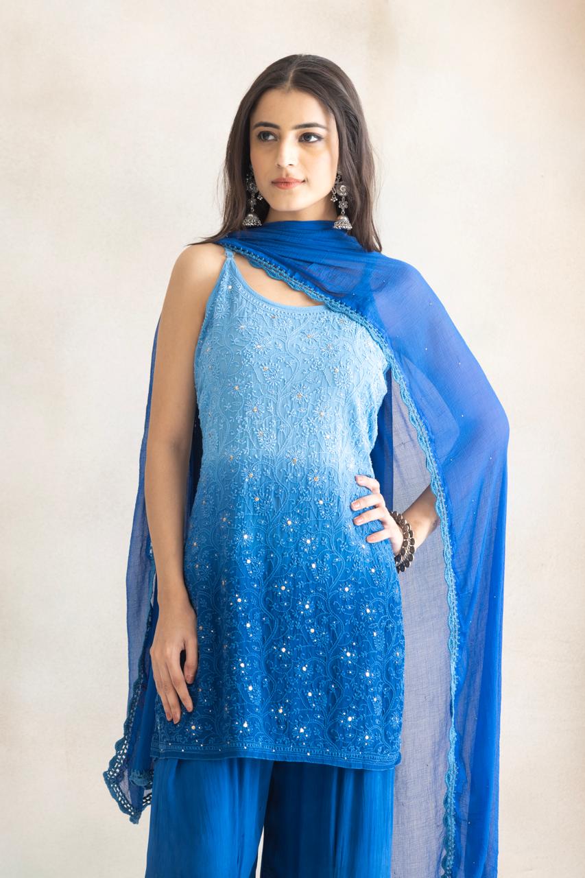 Royal Azure Ombre Chikankari Kurta Palazzo Set with Dupatta