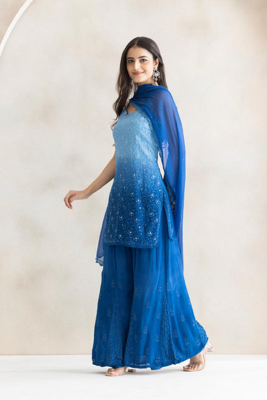 Royal Azure Ombre Chikankari Kurta Palazzo Set with Dupatta