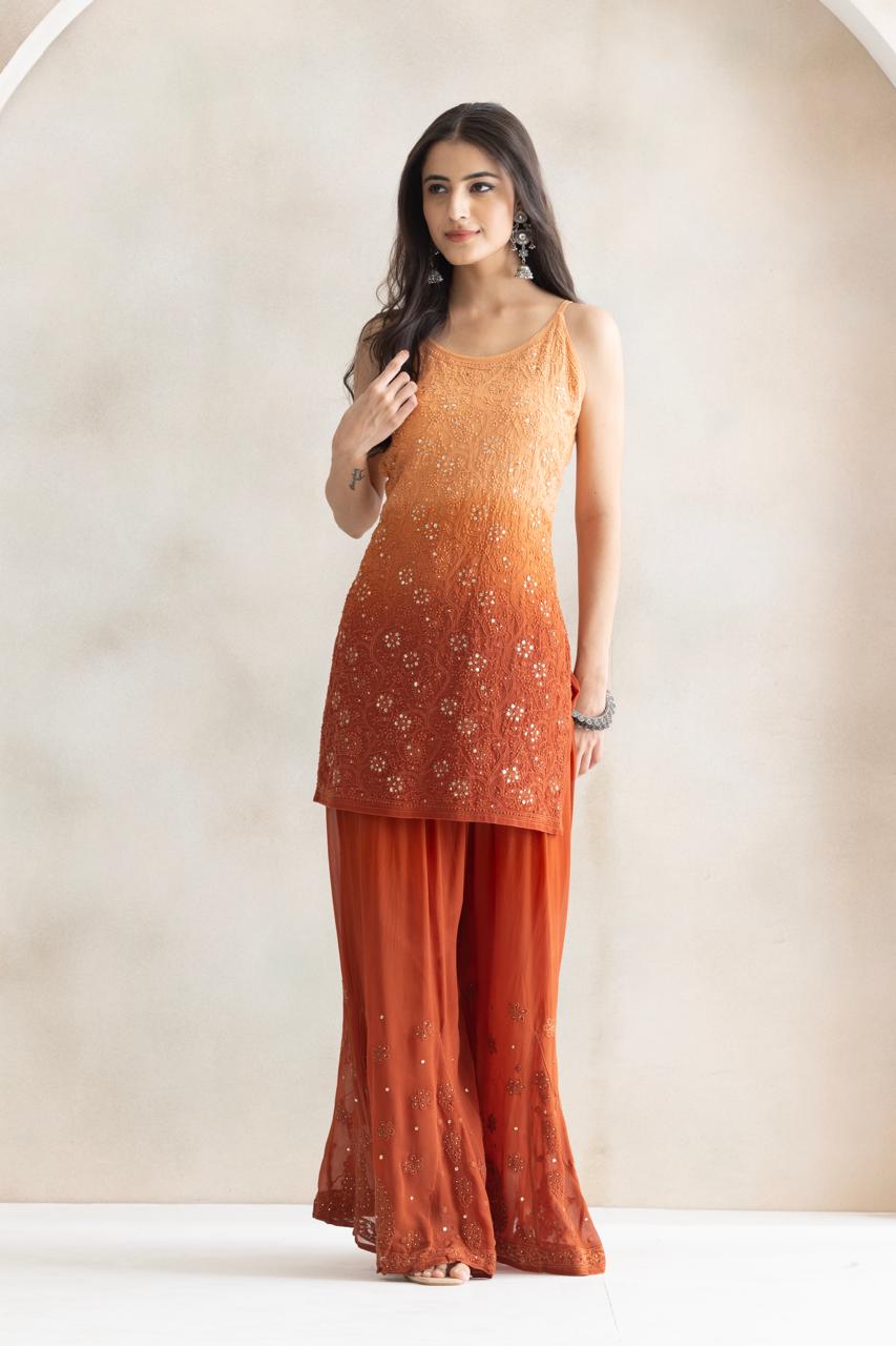 Sunset Ember Chikankari Sequin Kurta & Sharara Set