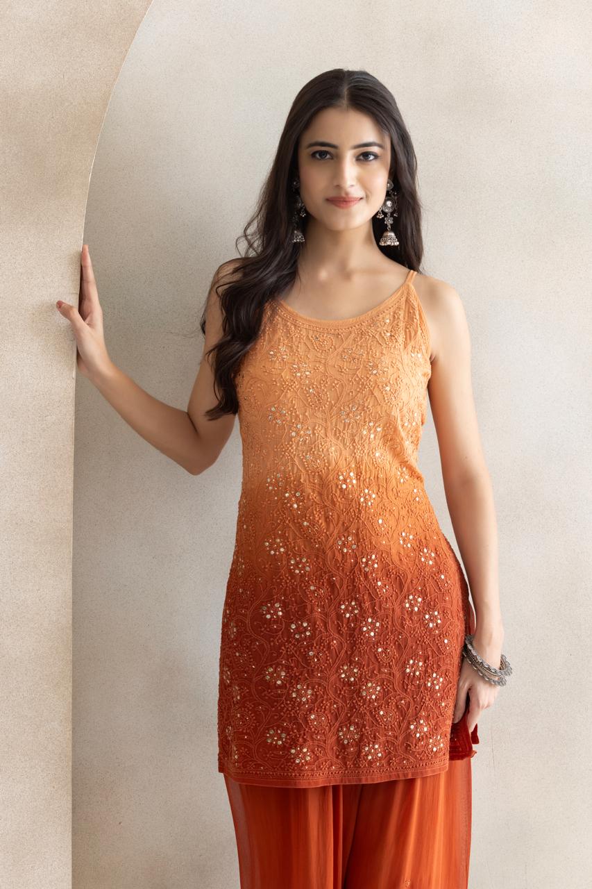 Sunset Ember Chikankari Sequin Kurta & Sharara Set