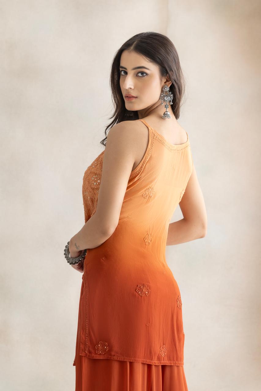 Sunset Ember Chikankari Sequin Kurta & Sharara Set