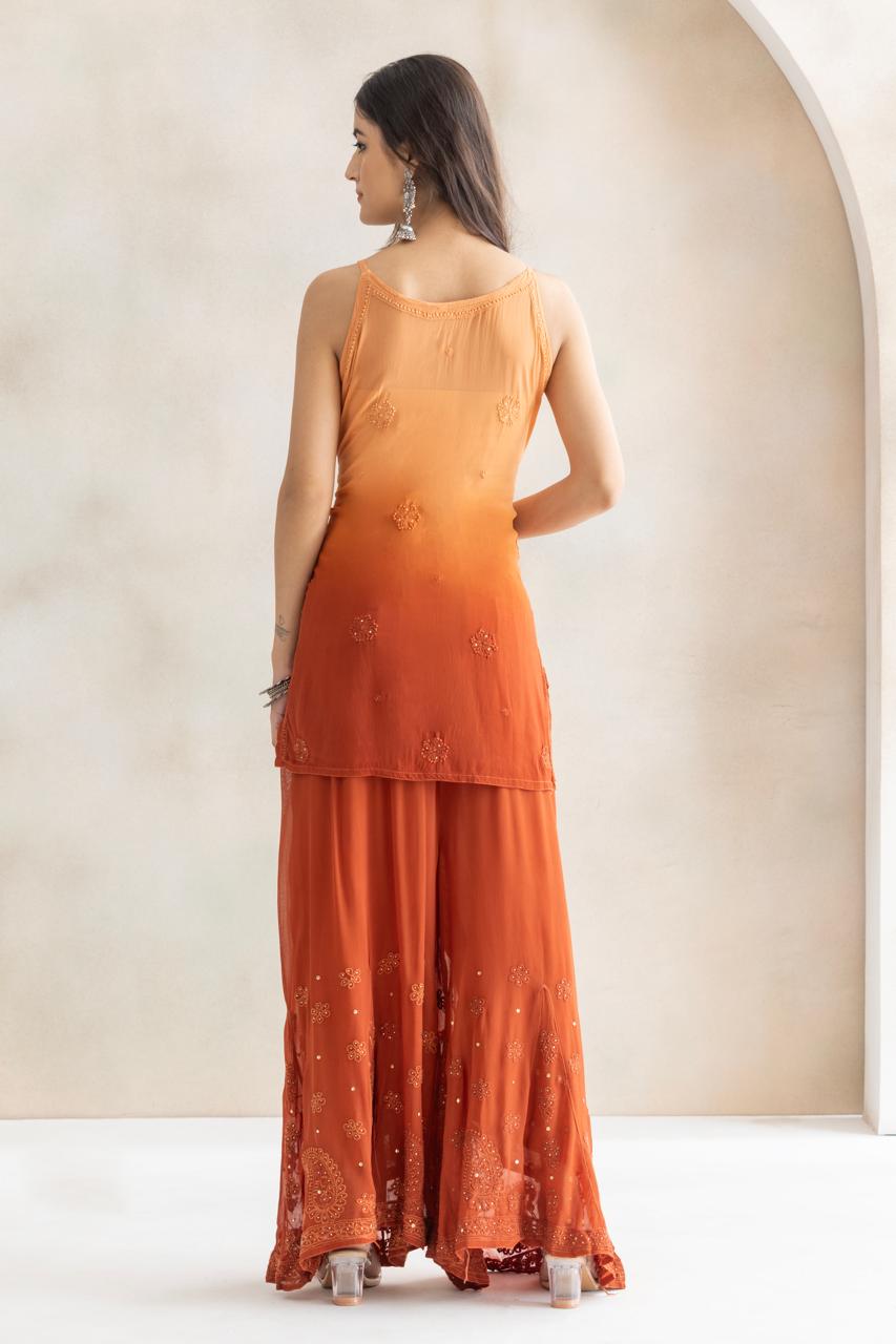 Sunset Ember Chikankari Sequin Kurta & Sharara Set